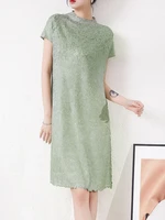 green pleated dress women loose summer new 2022 o neck short sleeve solid color fashion trend dresses thin