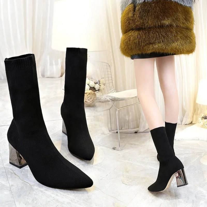 Woman Boots Fashion Knee-High Mid Heel Designer Knitting Socks Shoes Casual Square Head Net Red Long Boots Botas De Mujer