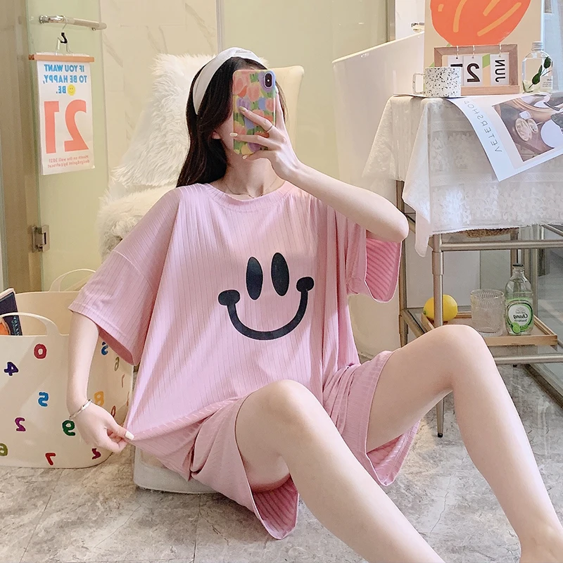 Pajamas Women's Summer New Round Neck Printing Two-piece Korean Version Loose Plus Fertilizer To Increase Home Wear