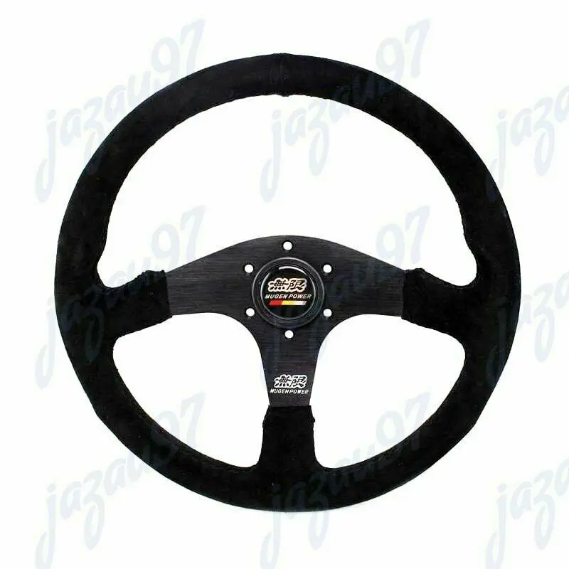

14" MUGEN Style Racing Black Stitching Suede Sport Steering Wheel w Horn Button