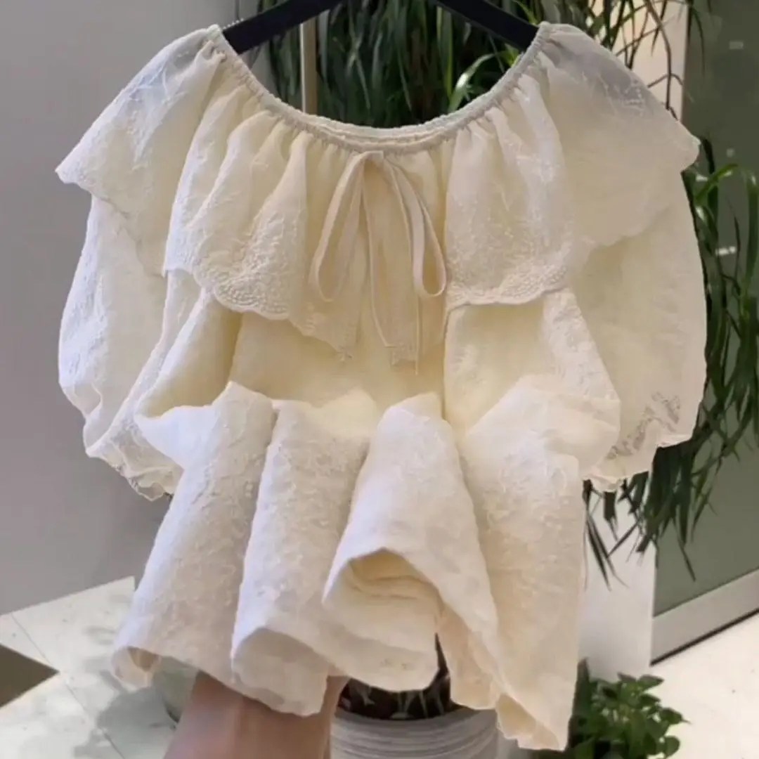 

Sexy Off Shoulder Embroidered Lace Chiffon Top for Women's Summer 2023 New French Ruffles Sweet Top