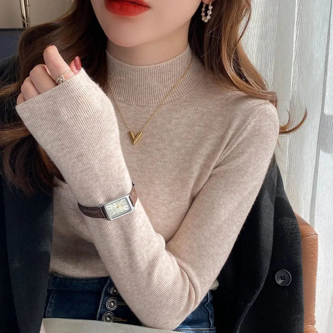 Женские вязаные пуловеры с ложным воротником и длинным рукавом, однотонные облегающие стильные пуловеры, Повседневный свитер для женщин, новинка осень-зима 2023, YL2