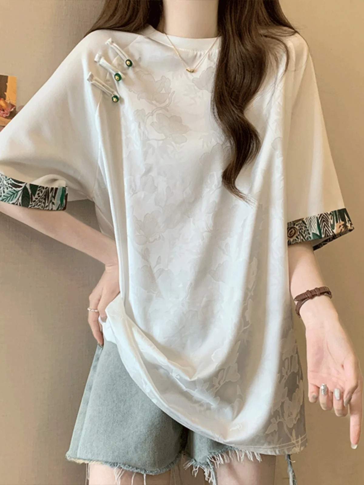 Новая китайская атласная жаккардовая футболка с короткими рукавами женская