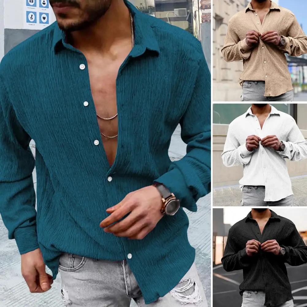 

Men Fall Spring Shirt Single-breasted Turn-down Collar Solid Color Cardigan Buttons Loose Mid Length Casual Formal Business Top