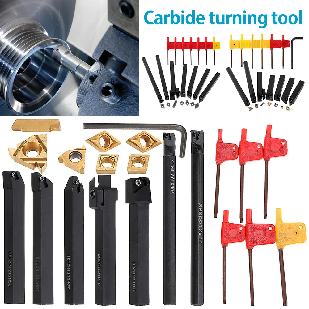 1 Set 12mm Shank Lathe Turning Tool Holder Boring Bar lathe tools lathe cutter Metal Turning Rod Industrial with Carbide Inserts
