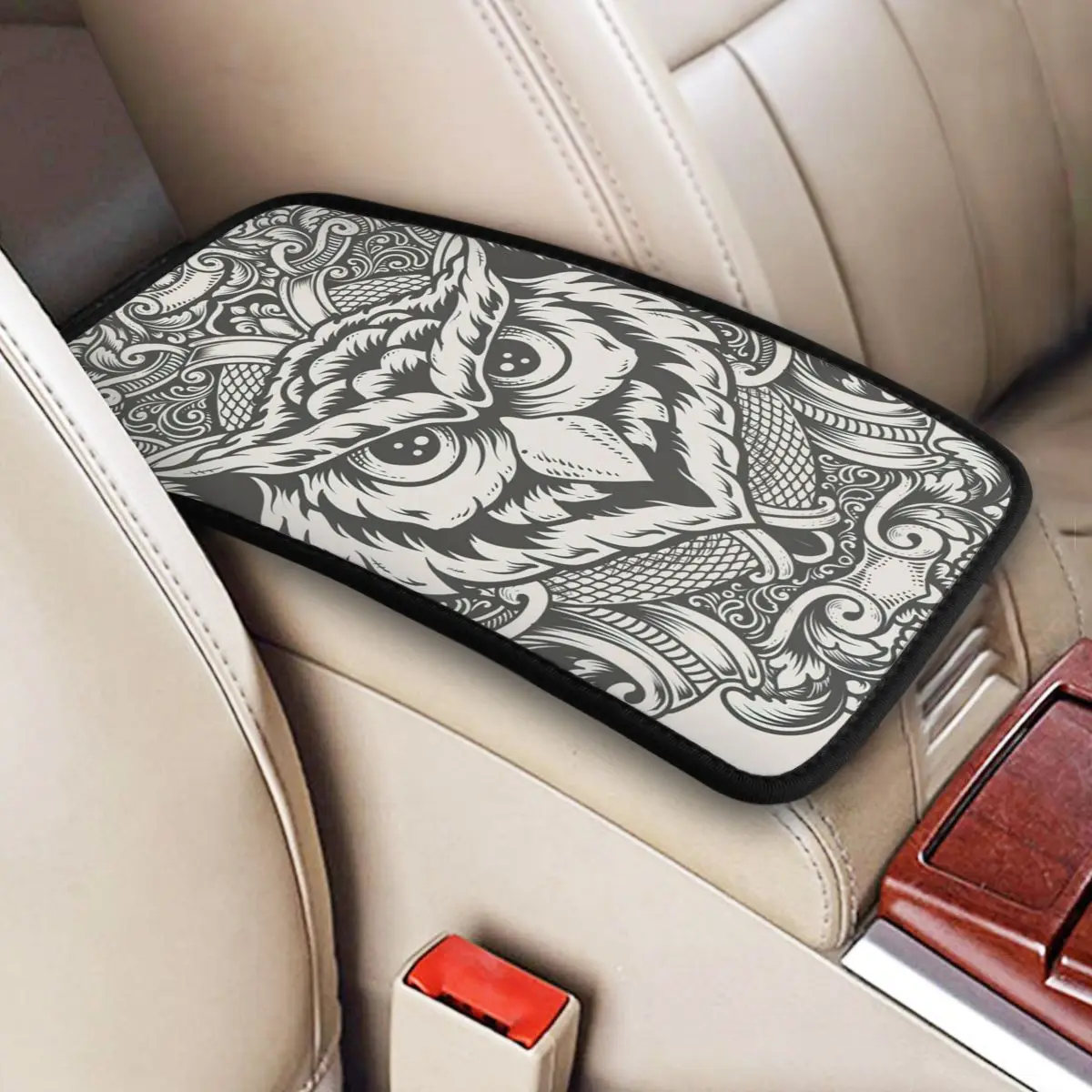 

Owl Head With Engraving Ornament Car Accessories Car Handrail Box Cushion Custom Print Non-slip Car Armrest Cover