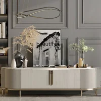 GY American Light Luxury Solid Wood TV Cabinet Post-Modern White Marble Living Room Floor Cabinet Metal Feet High-End