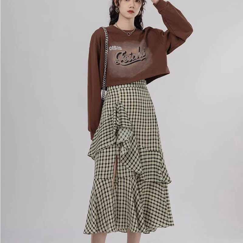 

Юбка-годе Женская клетчатая с завышенной талией, юбка трапециевидная с разрезом, повседневная, модная и случайная