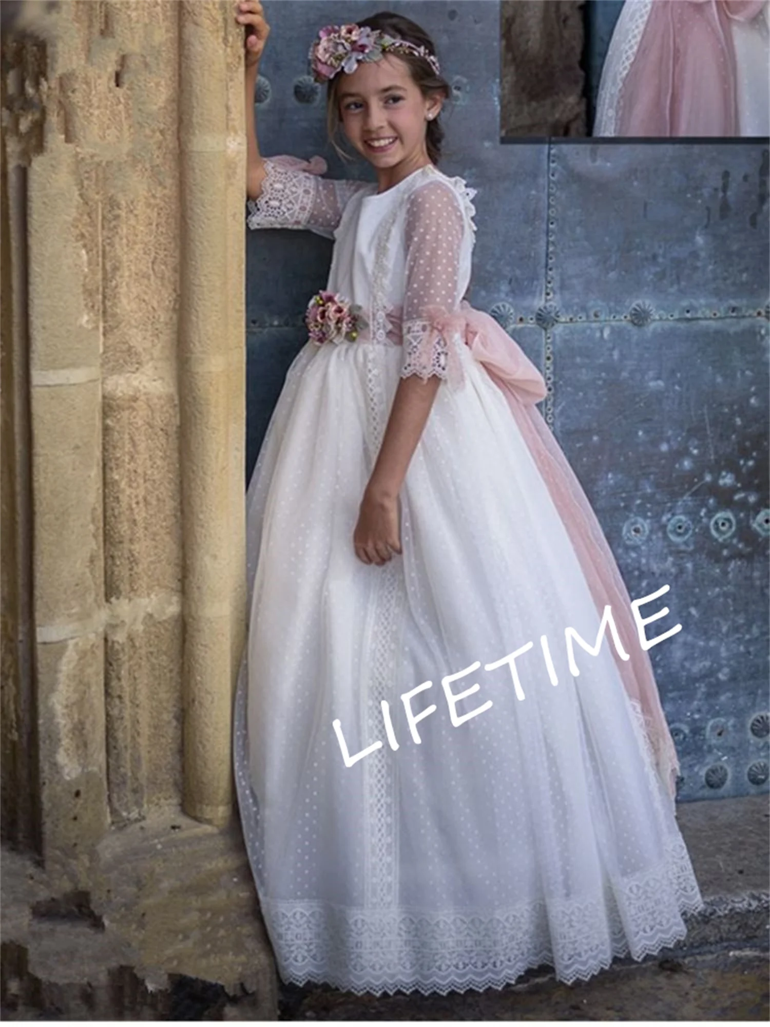 

Атласное Тюлевое платье принцессы с цветочным рисунком для девочек, Пышное Платье на свадьбу, Детские бальные платья с жемчугом и бантом, платье с цветами для девочек