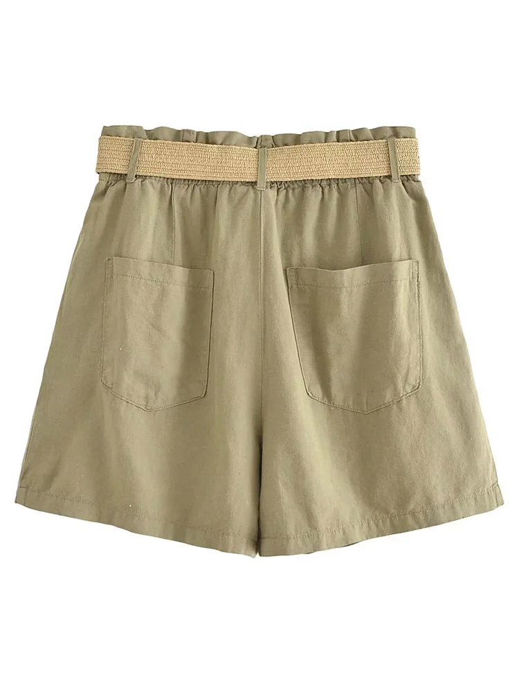 PAILETE Women 2023 fashion with belt bermuda shorts vintage high elastic waist front pockets female short pants mujer