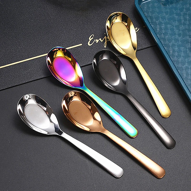 Stainless Steel Flat-Bottomed Spoons Long Handle Soup Tea Dining Spoon Ladle Household Tablespoons Tableware Kitchen Utensils