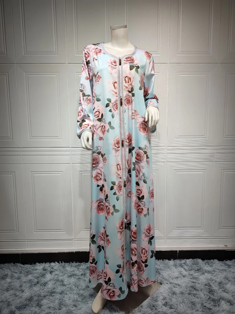 Elegant Muslim Moroccan Jalabiya Dubai Floral Long Dress for Women Ramadan Eid-al-Adha 2023 Blue Tape Trim V Neck Long Sleeve
