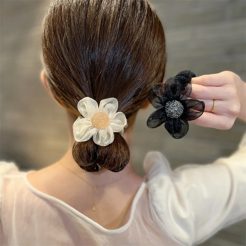 

Women Elegant Rhinestones Flower Elastic Hair Bands Ponytail Hair Tie Scrunchie Headwear Sweet Headband Fashion Hair Accessories