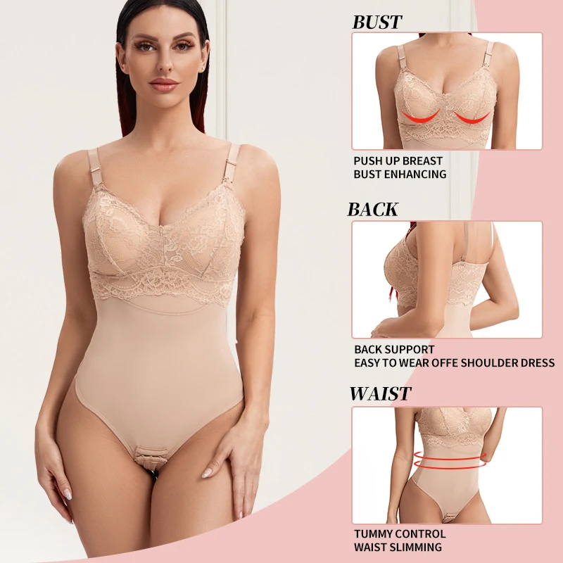 Lace Thongs Bodysuit Shapewear Women Seamless Full Body Shaper Slimming Waist Tummy Control Underwear Flat Belly Nude Corset