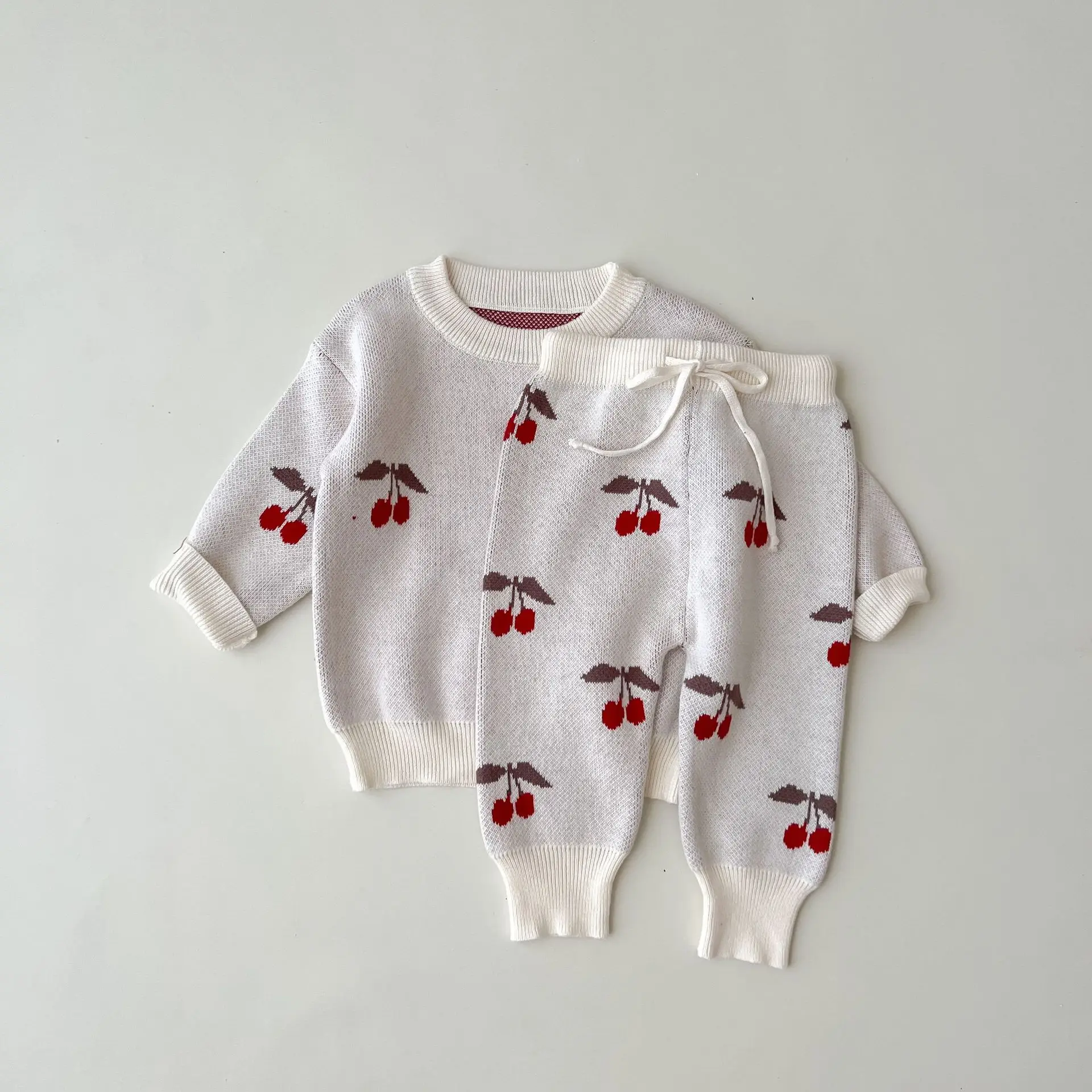 

2022 Autumn New Newborn Knitting Pullover Casual Cherry Sweater Set Girl Toddler Cotton Long Sleeve Tops + Pants 2pcs Sport Suit