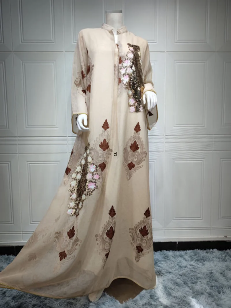 Maxi Morocco Dress Muslim Women Abaya India Stand Collar Abayas Enbroidery Sequins Party Dresses Kaftan Longue Vestidos Largos