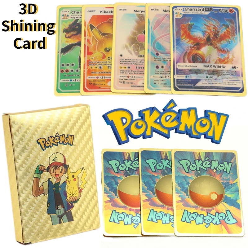 

27Pcs 3D Shining Rainbow Collection Card Gold Silver Black Vmax Pikachu Charizard Trading Game Battle Pokemon Card English Spain