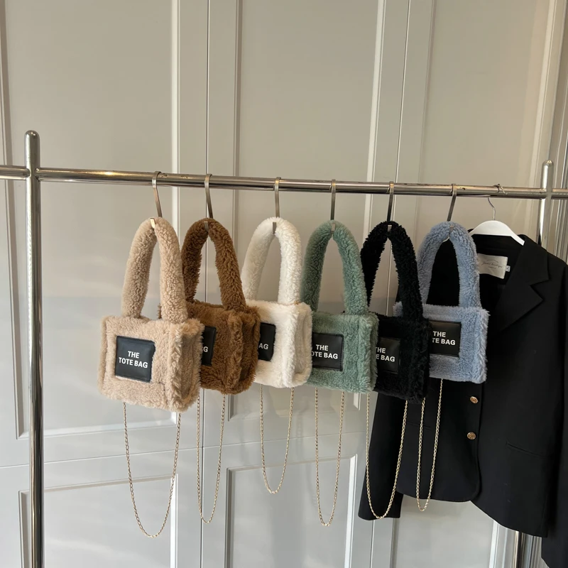 Jin Mantang Fur Tote Bag for Women 2023 Winter Furry Plush Crossbody Bags Designer Small Chain Top-handle Handbags Letter Purses