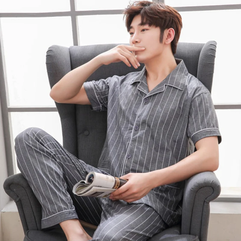 QUHENG Cotton Pijama for Men 2 Pieces Lounge Sleepwear Summer Short Sleeve Bedgown Home Clothes Man  for Sleeping Pajamas Set