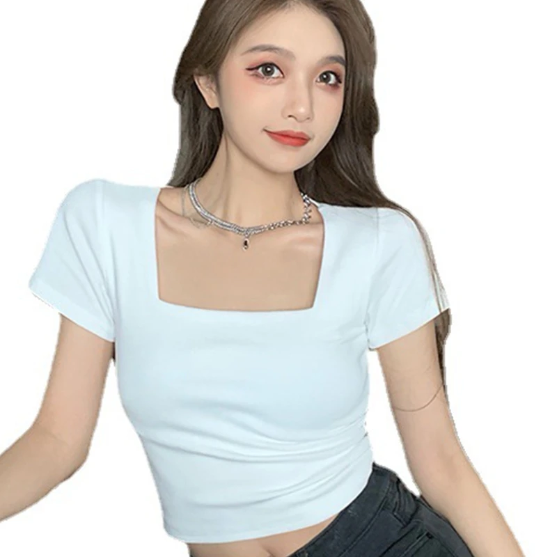 

Women Summer Sexy Sqaure Neck Crop Top Short Sleeve Basic Plain Solid Color Navel T-Shirt Slim Bottoming Pullover Tee