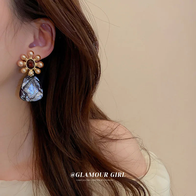 

S925 Silver Needle Blue Retro Geometry Rhinestone Dripping Oil New Trendy Temperament Net Red Earrings Women's Jewelry Bohemia