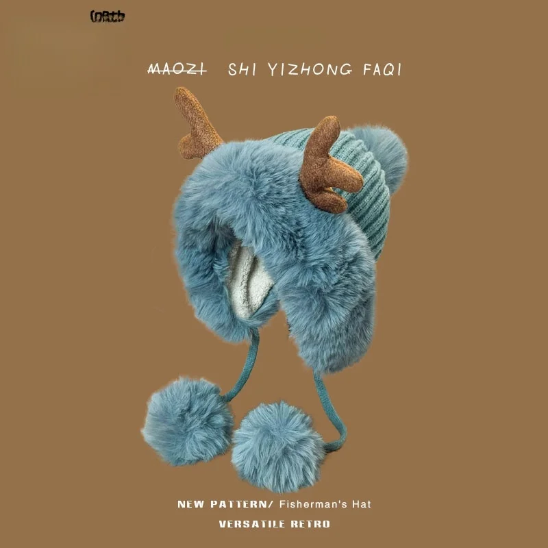 Fogtb мультфильм милые рождественские рога шерстяная шапка женская осенне-зимняя