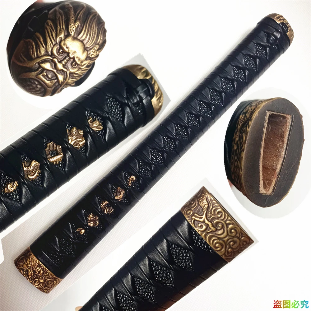 Фото Черная ручка Tsuka 30 см, латунная резная ручка Fuchi Menuki Kashira, кожаные фитинги для японского меча, самурая, катана, рукоять, новинка №1