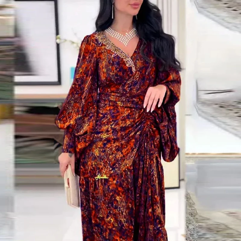 

Sexy Gorgeous Floral Waist Pleat Drawstring Dress Ladies Elegant Vintage Boho Print Maxi Dress Women Fashion Long Sleeve Dresses