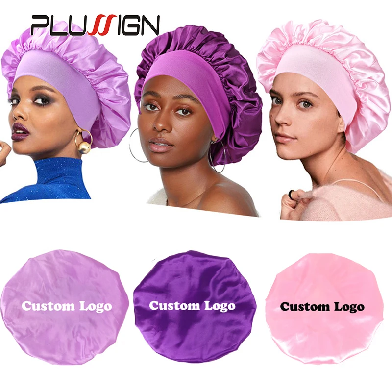Custom Logo 10Pcs Large Satin Bonnet With 6Cm Wide Band For Makeup Washing Sleeping Milk Shred Hair Caps For Protect Hairstyle