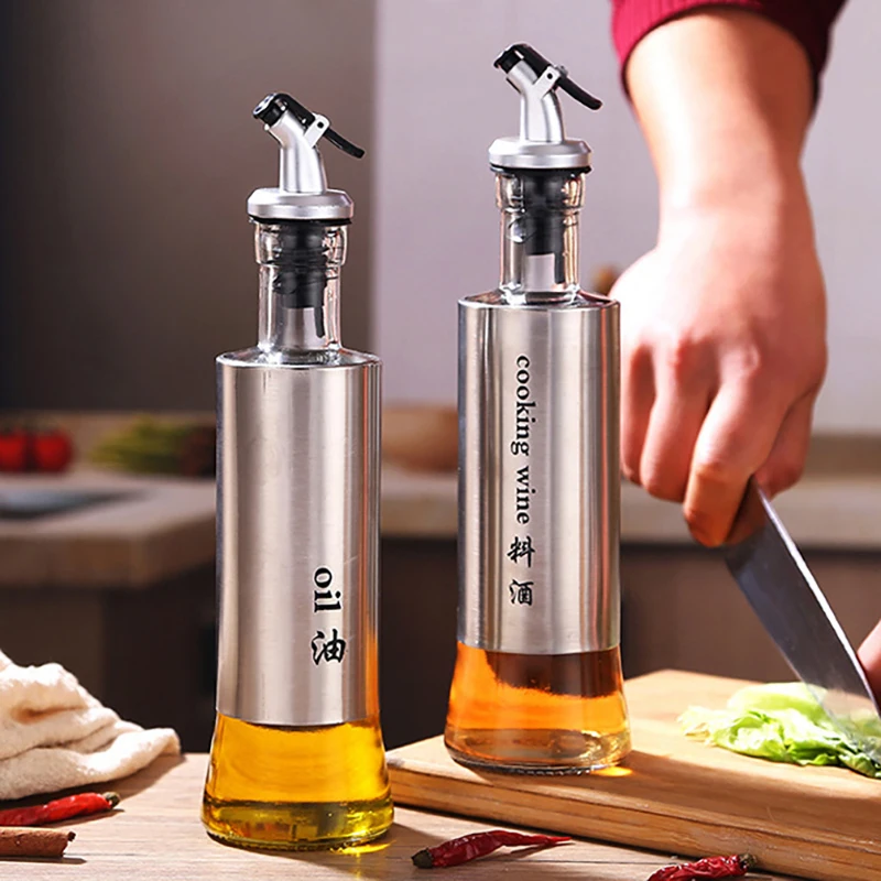

Kitchen Products Stainless Steel Oil Bottle 350ml Glass Gadgets Utensils Multifunction Tool Press-Type Sauce Vinegar Oil Bottle