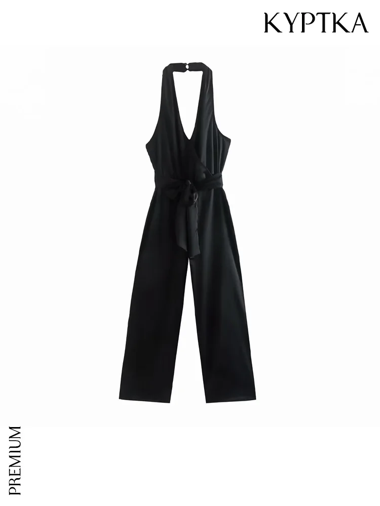 

Женские атласные комбинезоны KYPTKA, черные комбинезоны с широкими штанинами, воротником-хомутом, открытой спиной и молнией на лето 2019