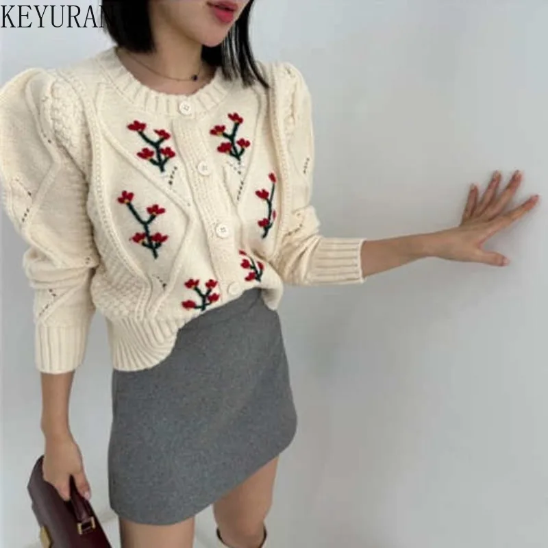 

Женский вязаный кардиган с цветочной вышивкой, винтажный однобортный Укороченный кардиган с длинным рукавом, трикотажный топ, джемпер