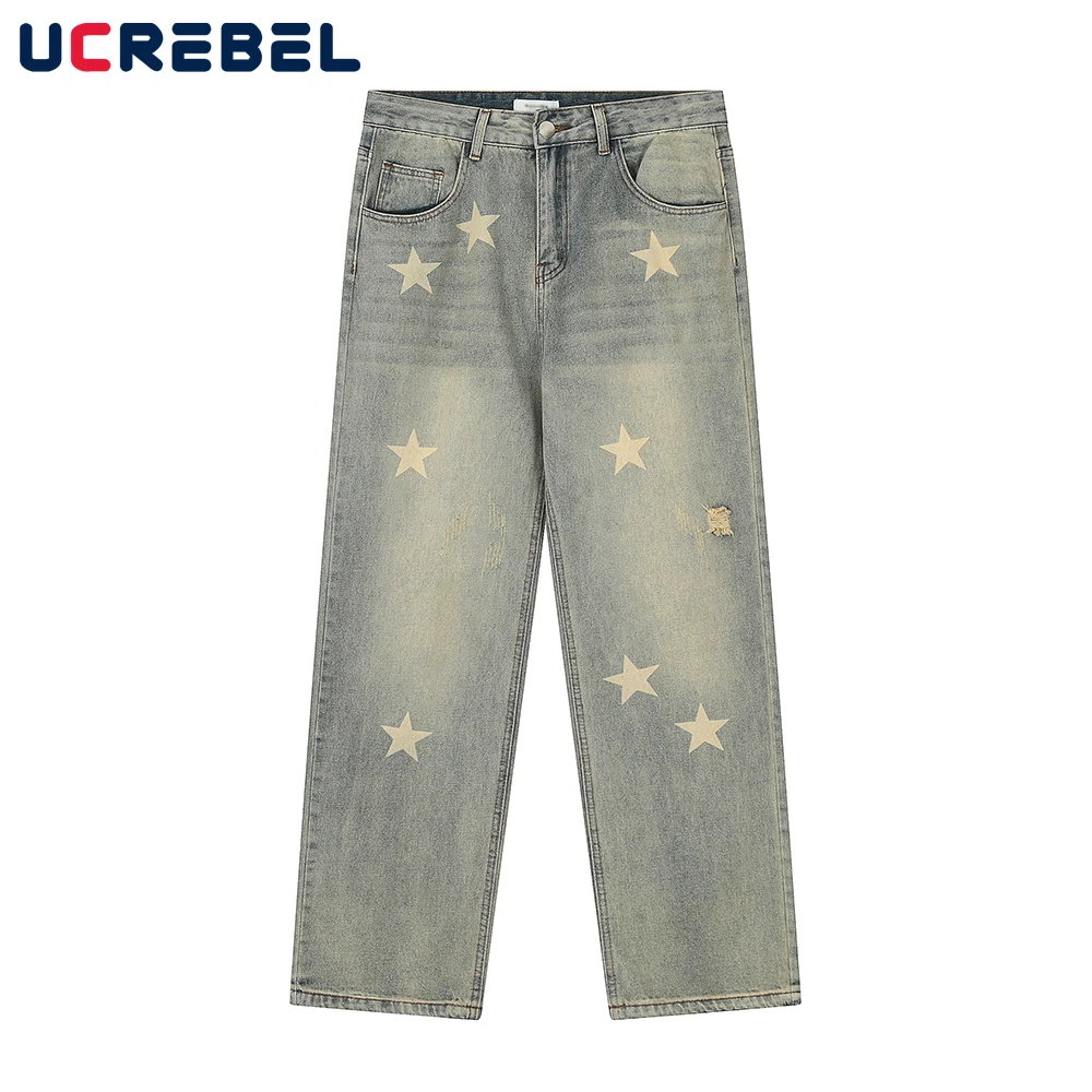 

Star Full Print Denim Pants Mens Washed Distressed Straight-leg Streetwear Five-pointed Star Loose Jeans