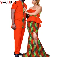 african clothes for couples women print draped long dresses match men outfit top and pants sets bazin party evening dress y22c09