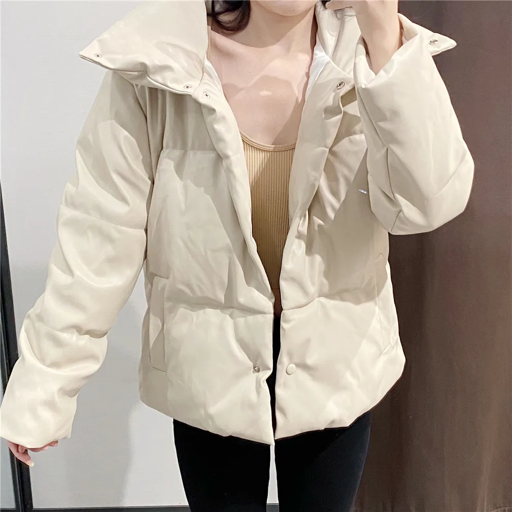 Faux Leather Leather Parka Coat Big Lapel Short Bread Coat Fashion PU Leather Coat Women's Elegant Cotton Coat Streetwear Korean