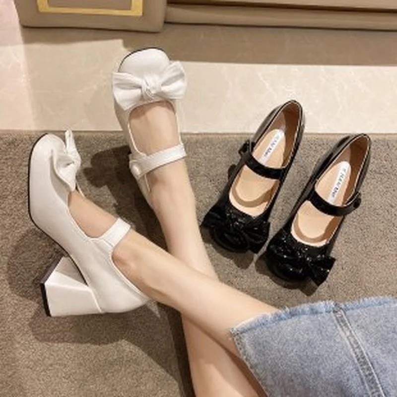 

Ladies Mary Jane High Heels Ladies Retro Platform High Heels Office Party Banquet Solid Color Bow High Heels2022New Single Shoes