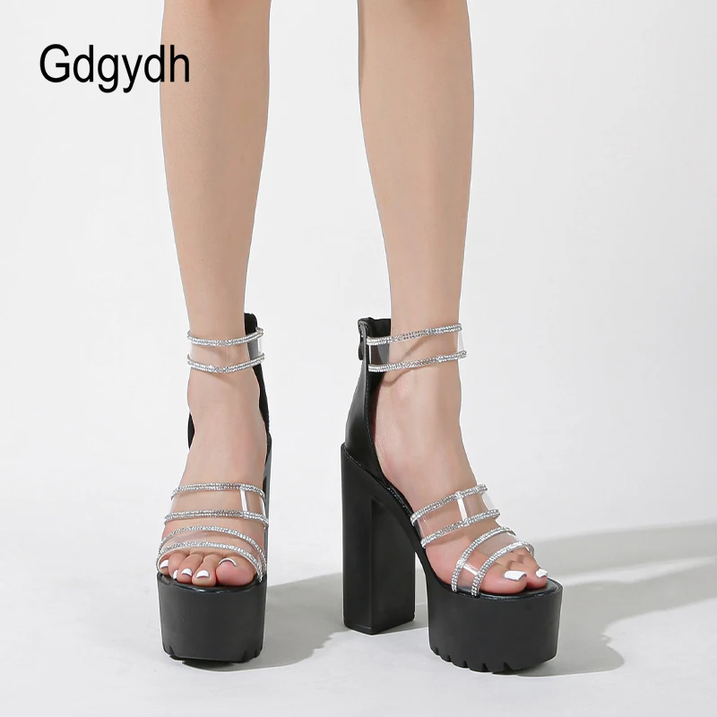 Gdgydh Women's Transparent Peep Toe Sandals Platform Block Heeled Ankle Strap Back Zipper Fashion Crystal Party Shoes