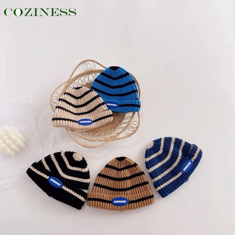

Autumn Winter Go Out Baby Hat Unisex Baby Keep Warm Winter Stripe Ear Protection Hats New Sale Solid Knitted Child Pullover Cap