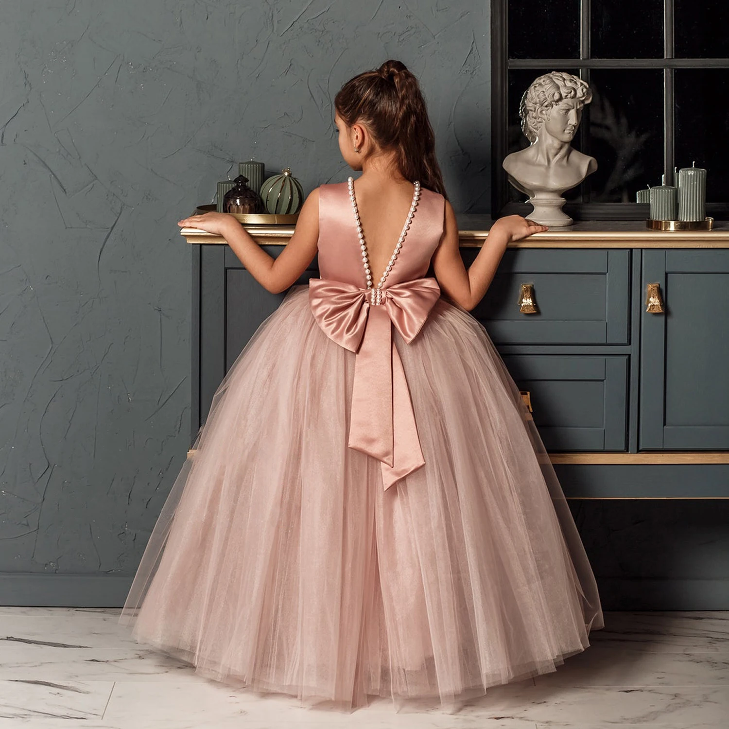 

5-14Y Teenage Bridesmaid Girl Long Evening Dress Children Kids Dresses for Girls Graduation Communion Gown Prom Party Lace Dress