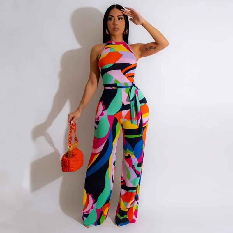 

WUHE Tie Dye Print Sleeveless with Sashes Wide Leg Elastic Jumpsuit 2023 Fashion Women Summer Playsuit One Piece Suit Romper