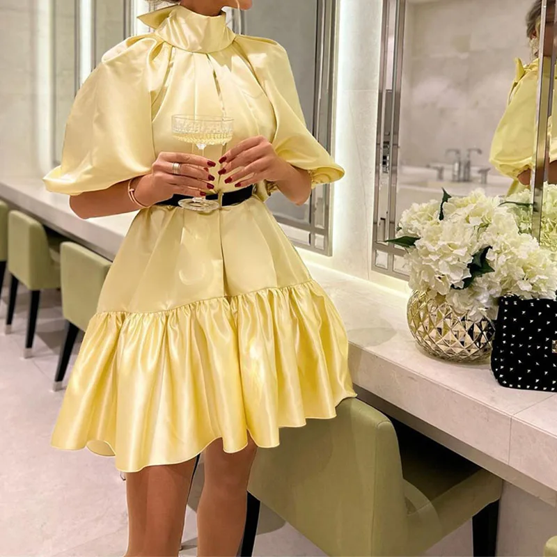 

Chic Fashion Women Turtleneck Bowknot Party Dress Spring Solid Lantern Sleeve Pleated Mini Dress Summer Casual Loose Shirt Dress