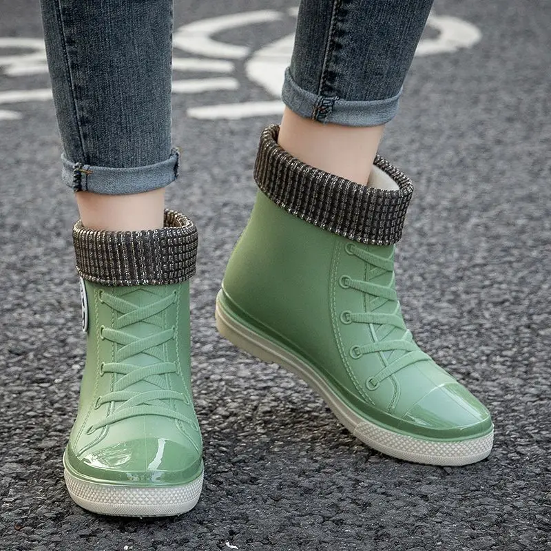 Designer Faux Zipper Flat Rain Boots Waterproof Mid-calf Women's Green Shoes Anti-skid Rubber Rainshoes Womens Rainboots Shoes