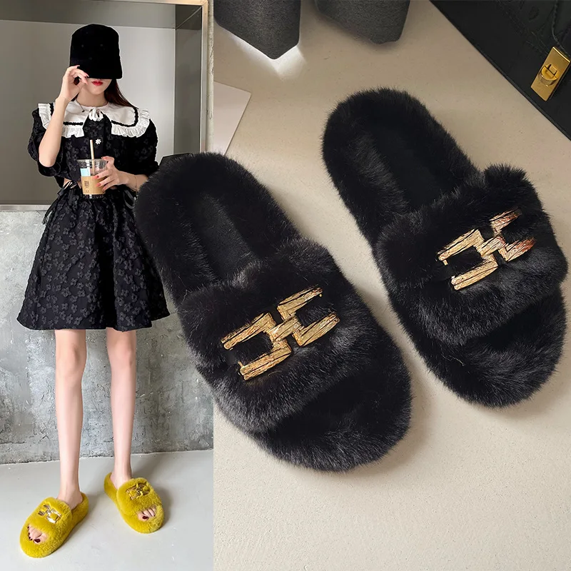 

2022 Fashion Summer Plush Slipper Women Furry Fluffy Slippers Luxury Designer Home Outdoor Non-Slip Flat Sandals Ladies Shoe