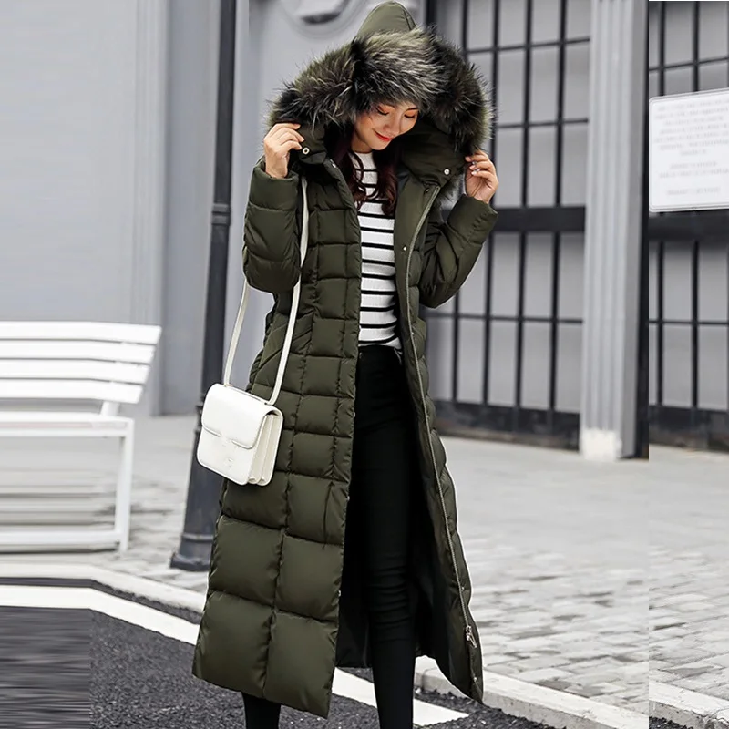 Women Coat Long Winter Jacket Over Knee Length Cotton Jacket Warm Bow Belt Fox Fur Collar Thickened Long Dress Coat For Ladies