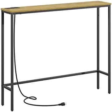 

Inch Console Table with Power Outlet,Modern Narrow Long Sofa Table Behind Couch,Skinny Entry Table with Black Metal Frame for En