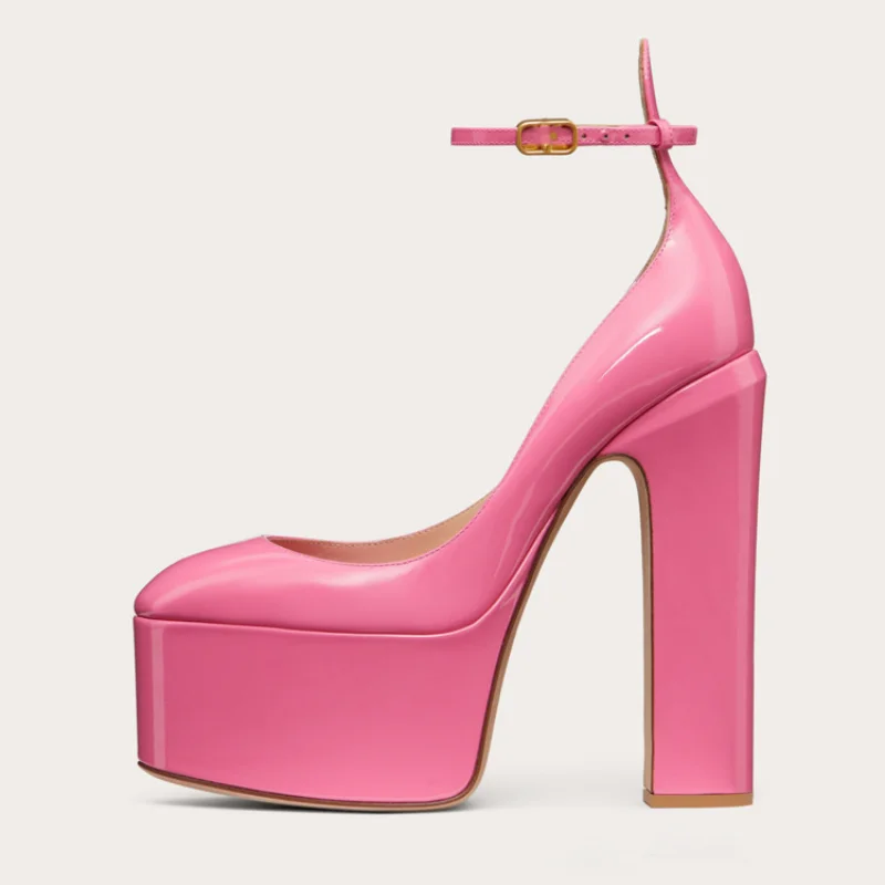 

Women's Sexy Platform Pumps Round Toe Chunky Block High Heels Shoes Patent Leather Ankle Buckle Strap Party Dress Wedding Shoes