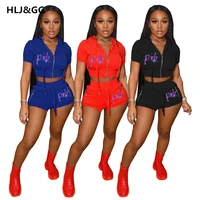 hljgg casual sporty two piece sets women pink letter print hooded crop top short pants tracksuits fashion 2pcs streetwear 2022