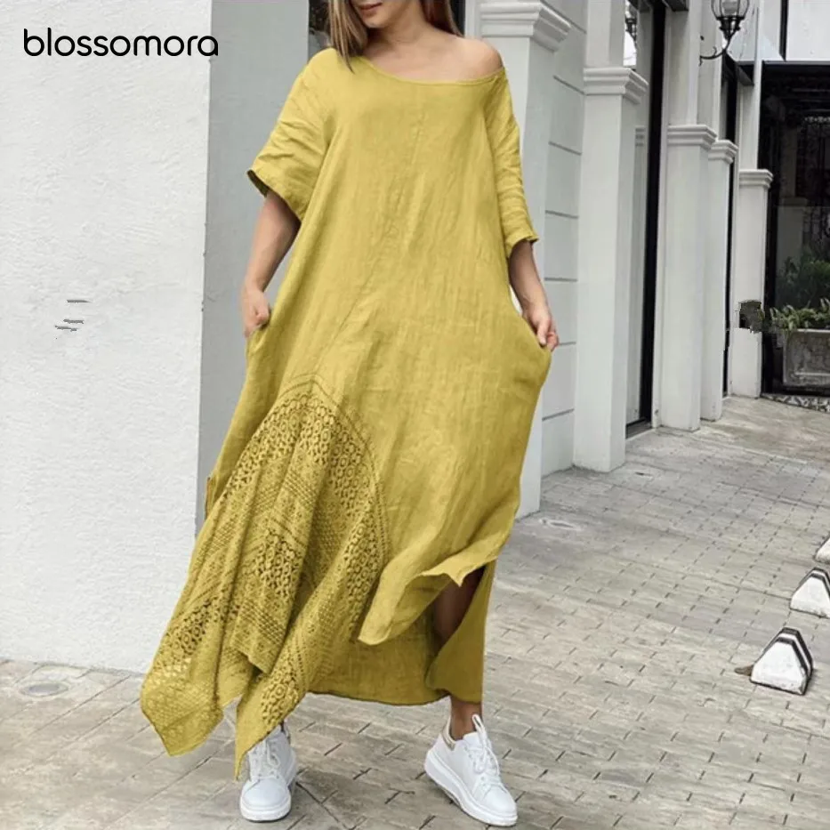 

Blossomora Green Solid Lace Loose Linen Long Dress Casual O-neck Short Sleeve Robe Vintage Maxi Dress Summer Vestidos Women 2022