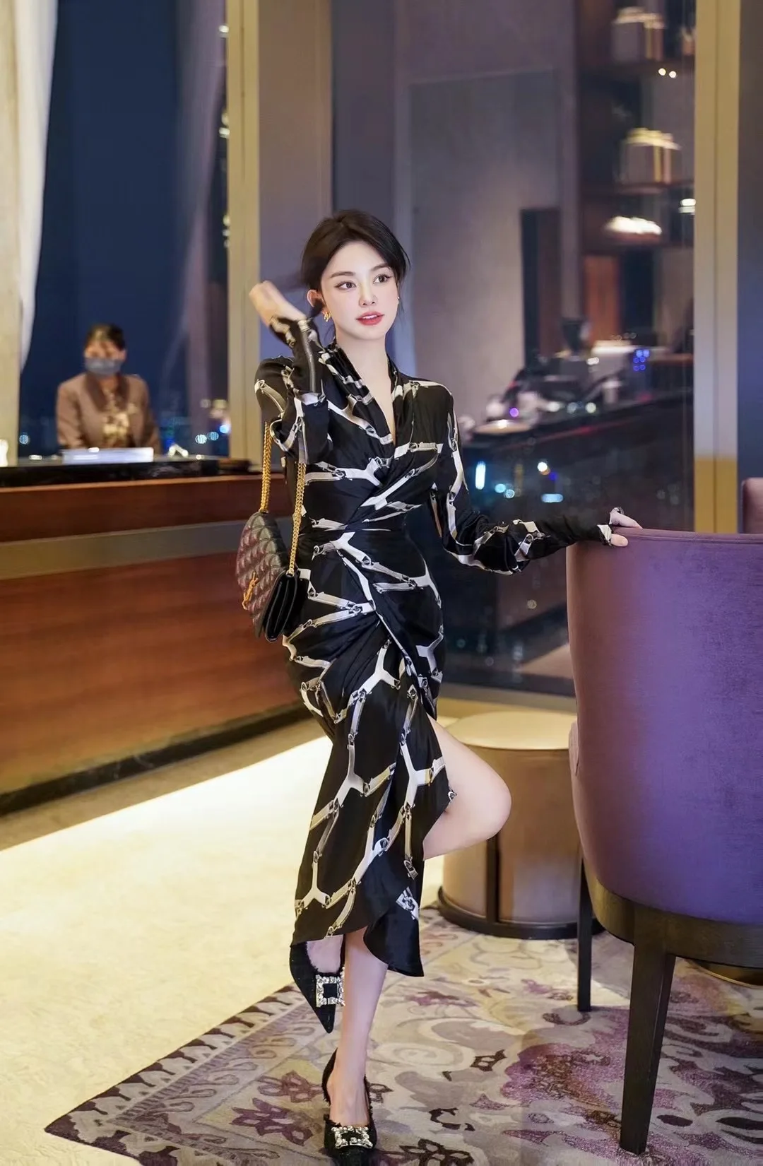 Women Autumn New Fashion Geometric Print Wrap Dress Long Sleeve Slim Sexy Split Dress