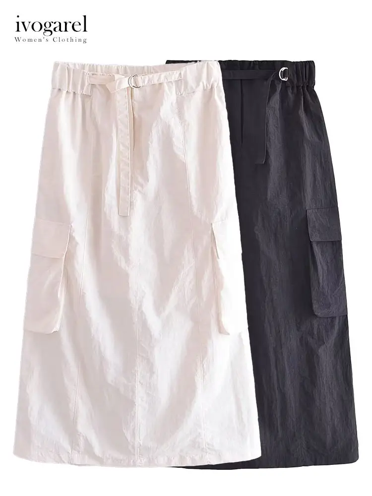 

Ivogarel Summer Nylon Cargo Midi Skirt with Slit Elasticated Mid-Waist and Chic Wrap Design Stylish and Classy Skirt for Women